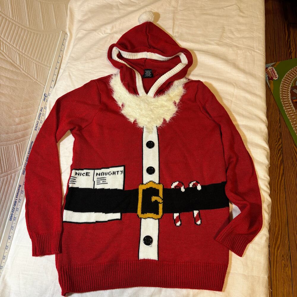 Rue21 Womens M Santa Christmas Sweater Hooded Cardigan Ugly Holiday Costume
